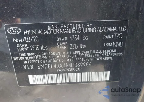 2021 Hyundai Sonata Sel из США, поврежденный, VIN 5NPEF4JA4MH089986